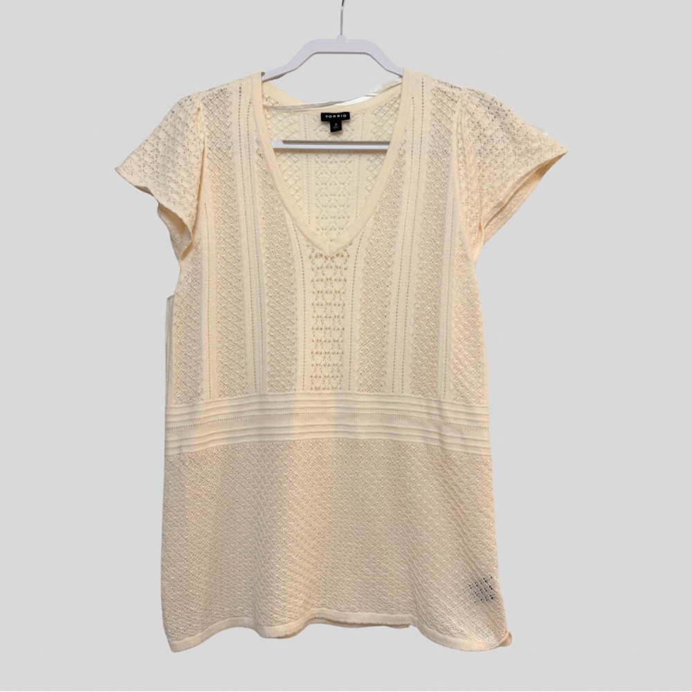 Torrid Everyday Soft Pullover Pointelle Sweater V-Neck Top Blush Cream